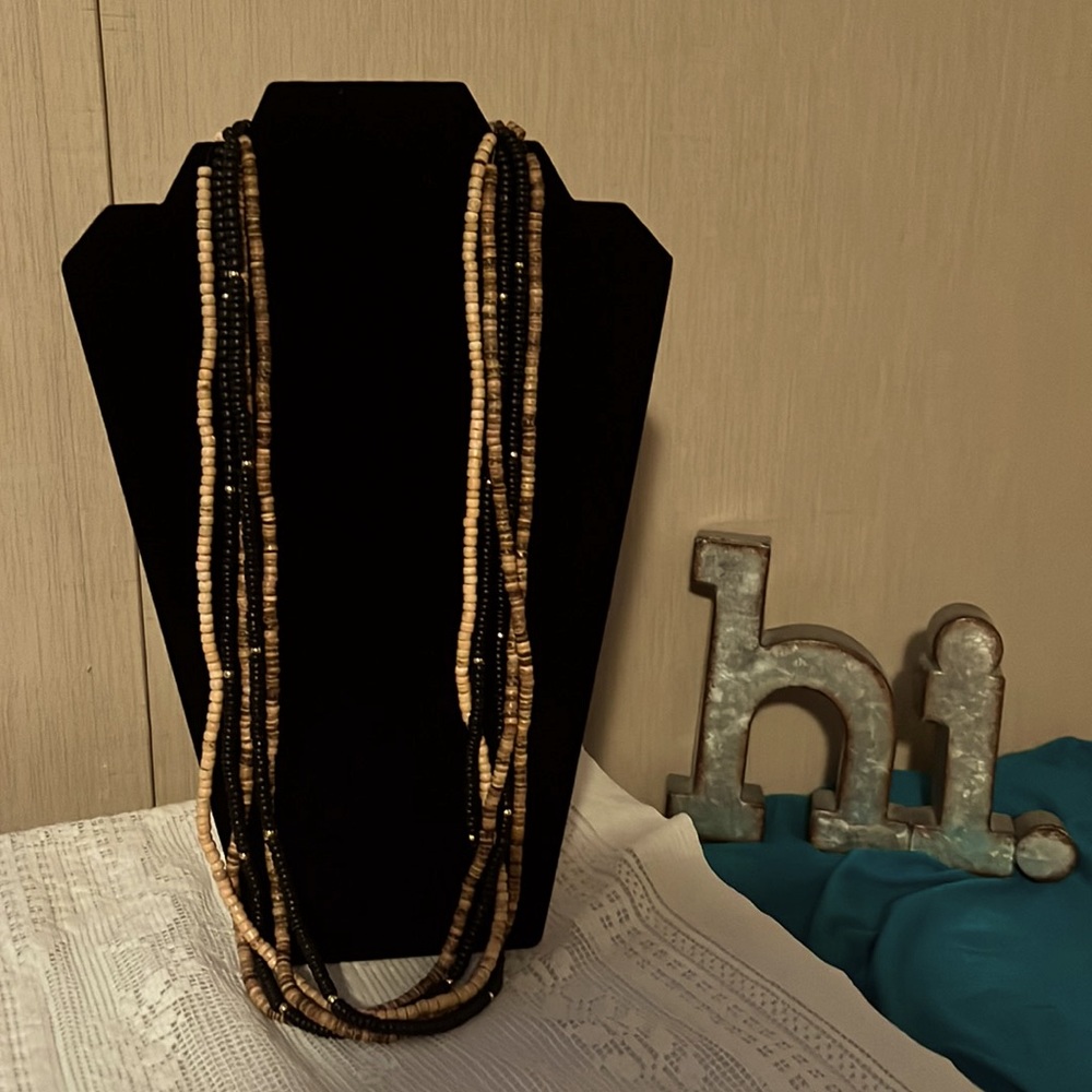 Beautiful wooden beads on 5 strand necklace